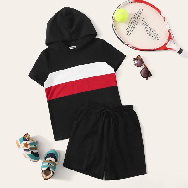 

Boys Cut And Sew Hooded Top & Shorts Set, Black