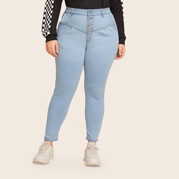 

Plus Button Front Bleach Wash Skinny Jeans, Blue pastel