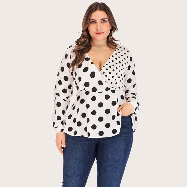 

Plus Polka Dot Surplice Peplum Blouse, Black and white