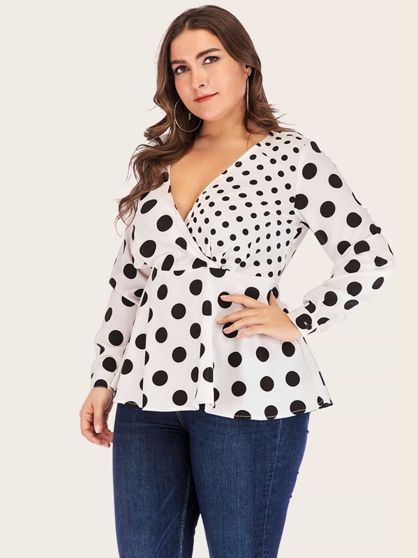 

Plus Polka Dot Surplice Peplum Blouse, Black and white, Franziska