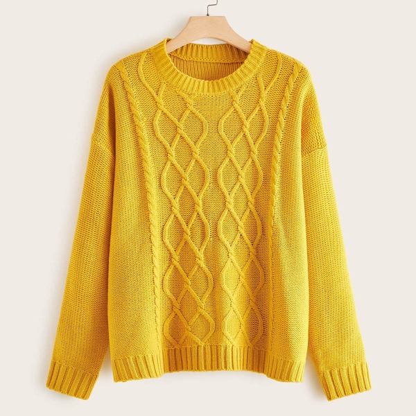 

Plus Solid Drop Shoulder Cable Sweater, Yellow bright
