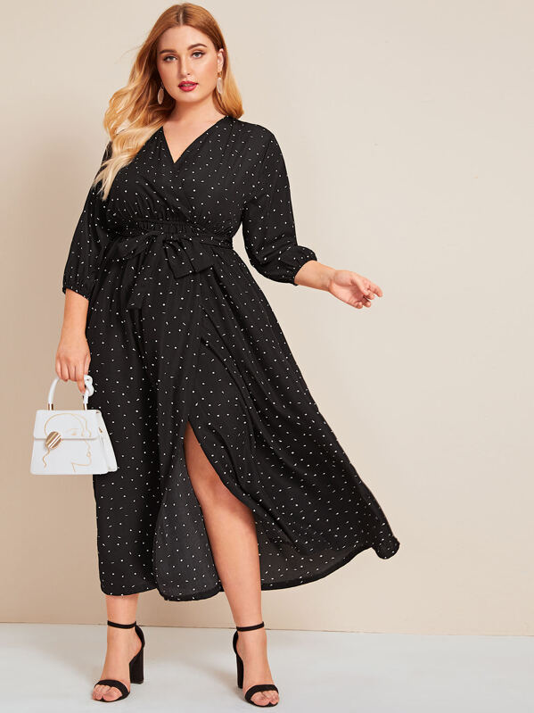 

Plus Confetti Print Belted Surplice Dress, Black, Nora