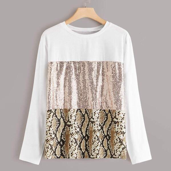 

Plus Snakeskin Print Contrast Sequin Top