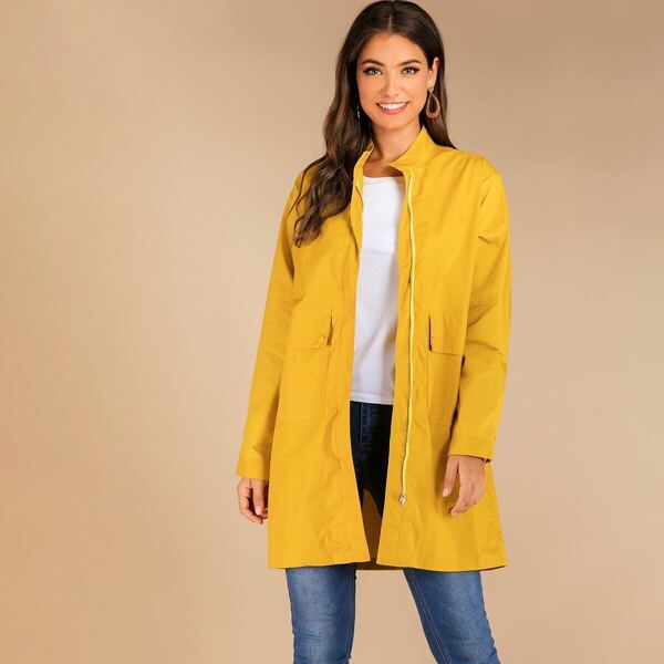 

Plus Flap Pocket Stand Collar Coat, Yellow