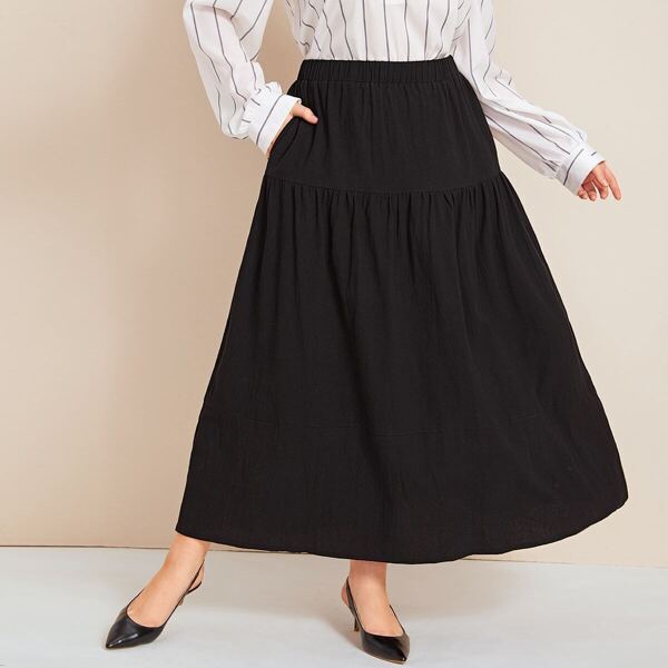 

Plus Hidden Pocket Elastic Waist Flared Skirt, Black