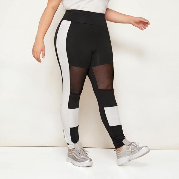 

Plus Wide Waistband Cut-and-Sew Mesh Insert Leggings