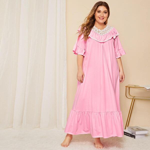 

Plus Lace Trim Flounce Sleeve Ruffle Hem Nightdress, Pink pastel