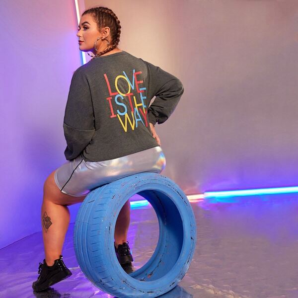 

Plus Letter Graphic Drop Shoulder Sweatshirt, Grey
