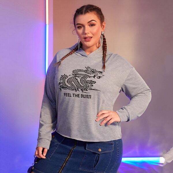 

Plus Dragon & Letter Print Hoodie, Grey