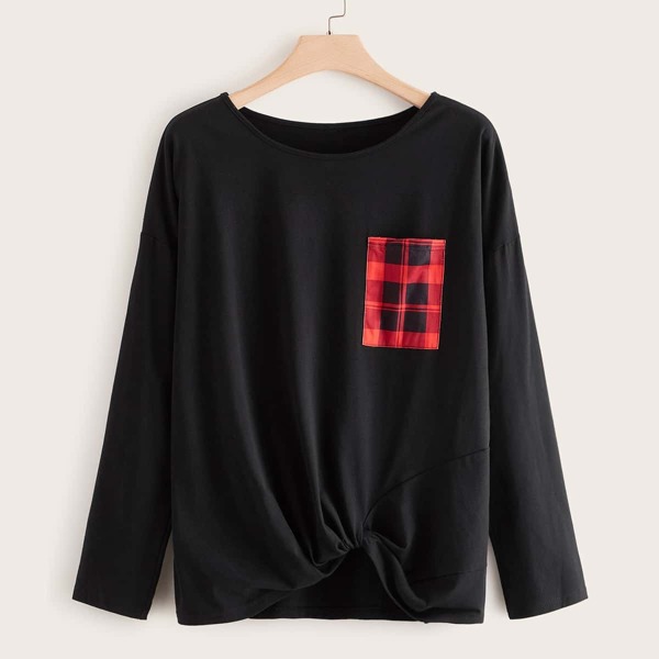

Plus Pocket Patched Twist Front Tee, Black