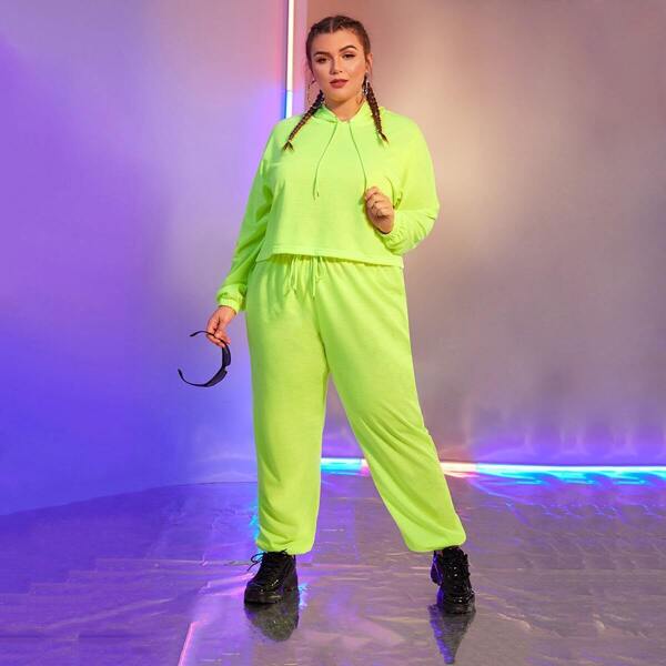 

Plus Neon Green Drawstring Hoodie & Pants Set, Green bright
