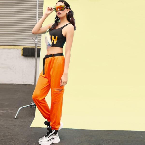 

Slogan Print Flap Pocket Sweatpants With Push Buckle Belt