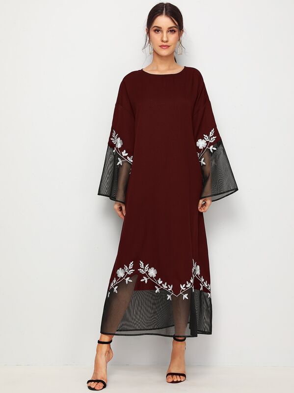 

Mesh Trim Flower Embroidered Dress, Burgundy, Vikie