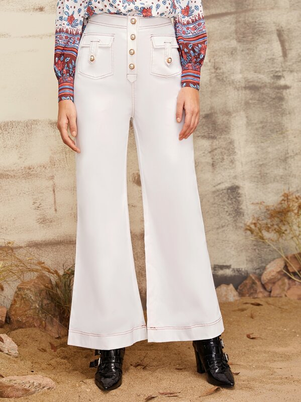 

Contrast Stitch Flap Pocket Front Flare Leg Pants, White, Luiza