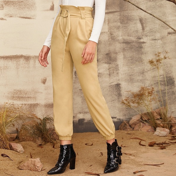 

Solid Paperbag Waist Pants, Khaki pastel