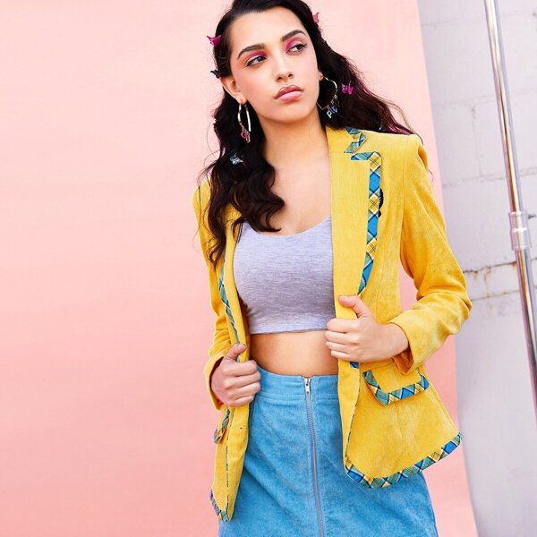 

Contrast Trim Corduroy Blazer, Yellow bright