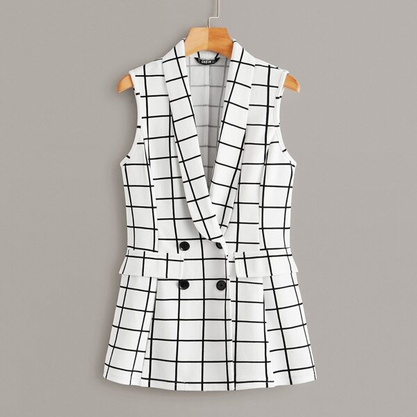 

Shawl Collar Flap Detail Grid Print Blazer, White