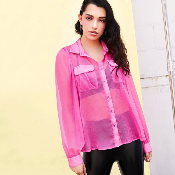 

Neon Pink Flap Pocket Sheer Shirt Without Bra, Pink bright