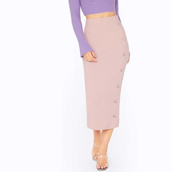 

Button Detail Rib-knit Pencil Skirt, Pink pastel
