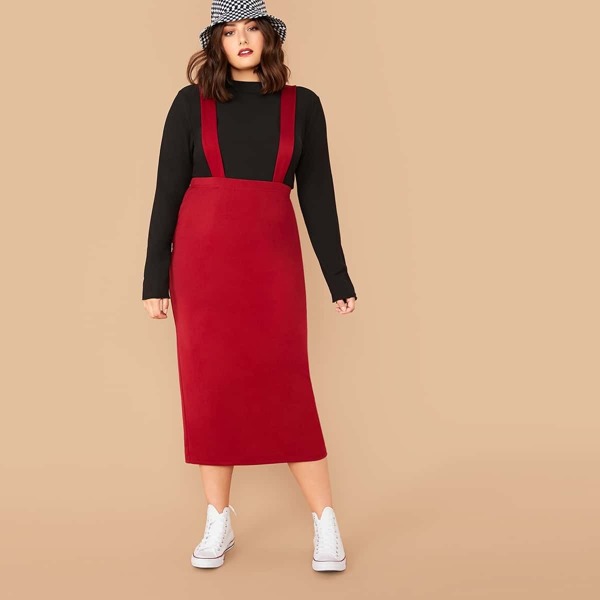 

Plus Split Back Solid Suspender Dress, Red bright