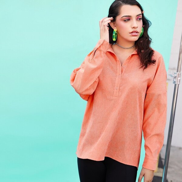 

Half Placket Drop Sleeve Cord Blouse, Orange