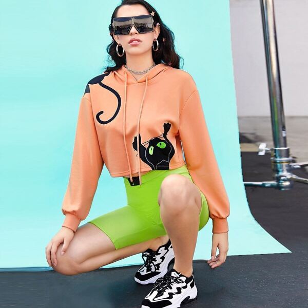 

Cartoon Print Drawstring Hoodie, Orange