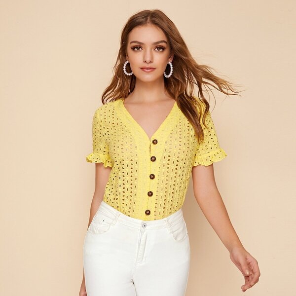 

Button Front Ruffle Cuff Schiffy Top, Yellow
