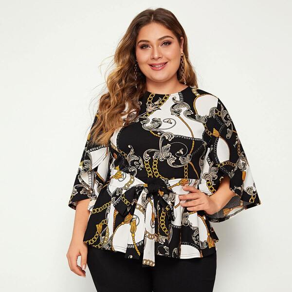 

Plus Self Belted Chain Print Top, Multicolor