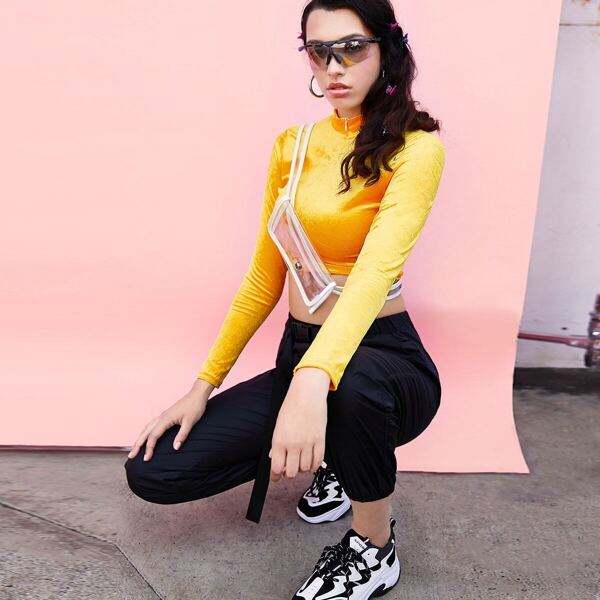 

Mock-Neck Zip Front Velvet Crop Top