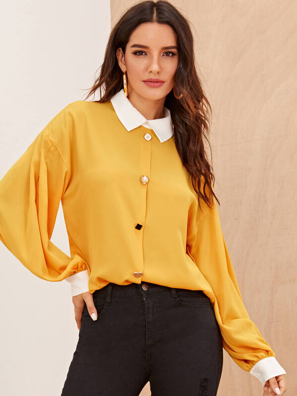 

Contrast Collar Buttoned Front Shirt, Yellow, Juliana