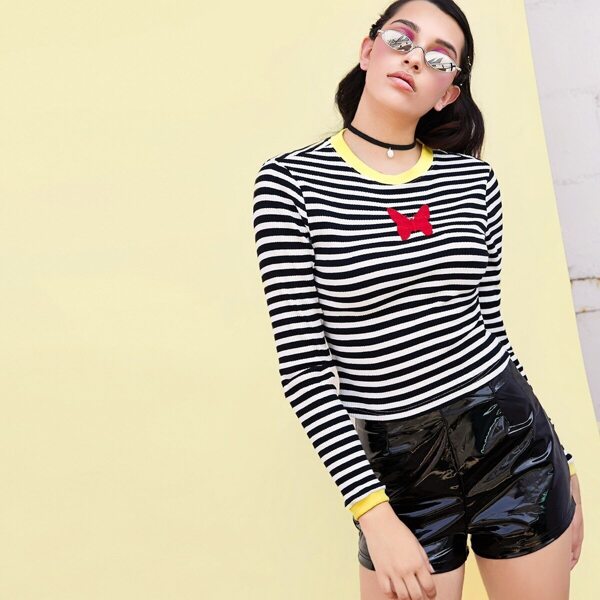 

Contrast Neck Embroidery Detail Striped Top, Black and white