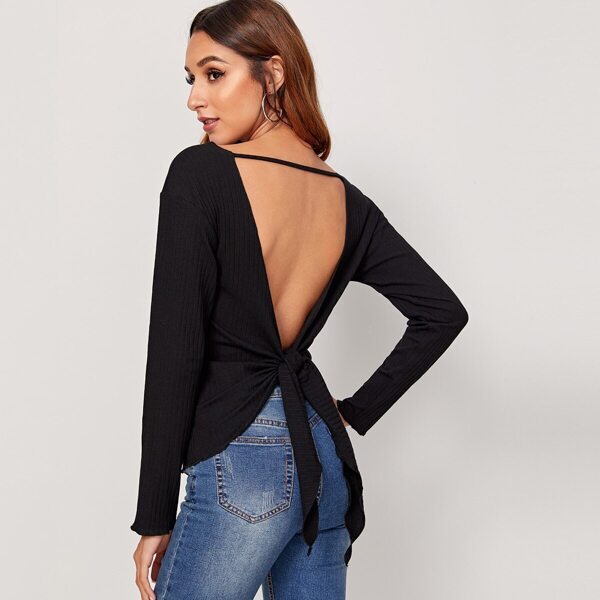 

Tied Open Back Rib-knit Top, Black