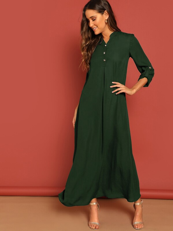 

Button Half Placket Rolled Tab Sleeve Dress, Green, Anna Herrin