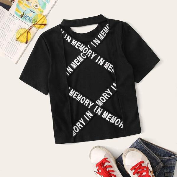 

Slogan Tape Crisscross Open Back Rib-knit Top, Black