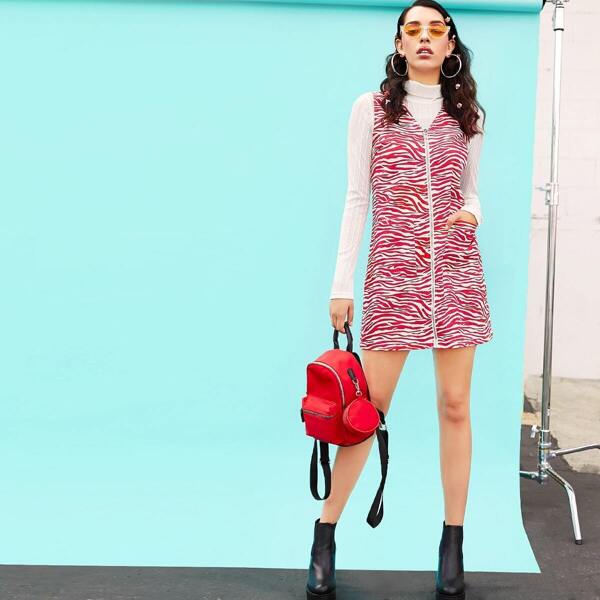

Zip Up Pocket Patched Zebra Striped Dress Without Top, Red