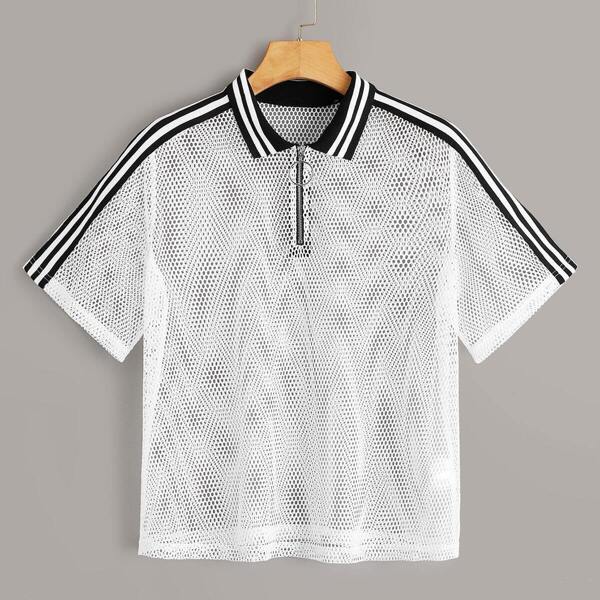 

Striped Contrast Collar Tape Side Fishnet Top, White