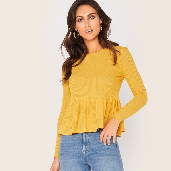 

Solid Rib-knit Peplum Top, Yellow bright