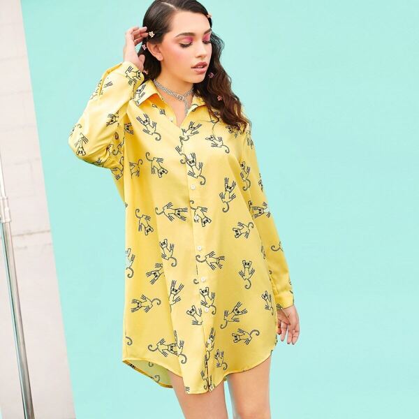 

Cartoon Print Curved Hem Shirt Dress, Yellow pastel