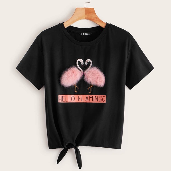 

Faux Fur Flamingo Embroidered Slogan Tee, Black