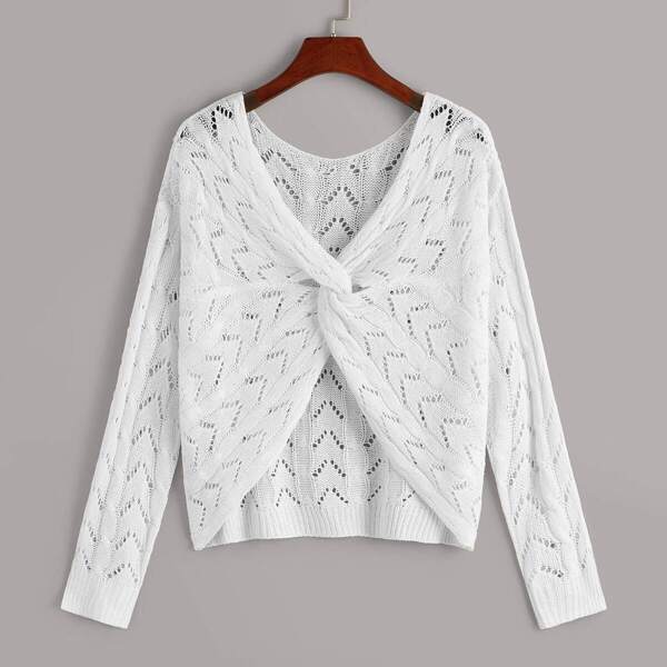 

Pointelle Knit Chevron Twist Solid Sweater, White