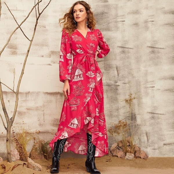 

Lantern Sleeve Wrap Belted Landscape Print Dress, Red bright