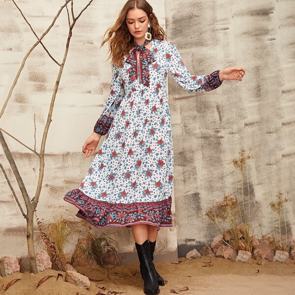 

Tie Neck Ruffle Hem Floral Print Dress, Multicolor