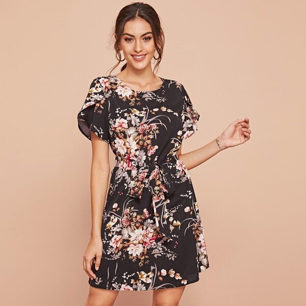 

Keyhole Back Botanical Print Belted Dress, Multicolor