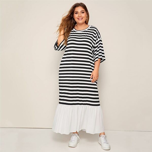 

Plus Flippy Hem Striped Tee Dress, Black and white