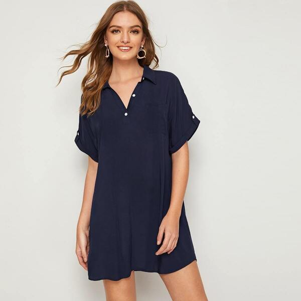 

Pocket Patched Roll Tab Sleeve Dress, Navy