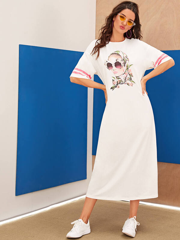 

Drop Shoulder Striped Sleeve Figure Print Dress, White, Juliana