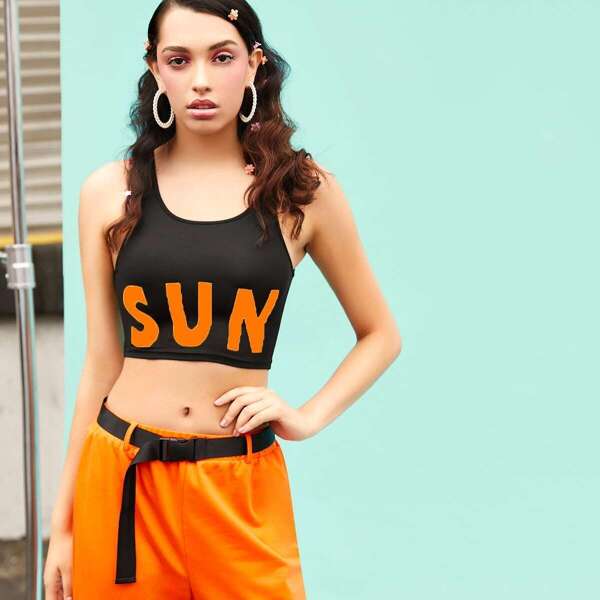 

Letter Print Tank Top Without Bag, Black