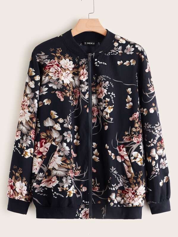 

Plus Zipper Fly Floral Print Jacket, Navy, Marcelle Pallais