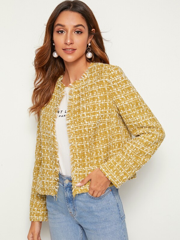 

Open Front Raw Hem Tweed Jacket, Yellow, Gabi B