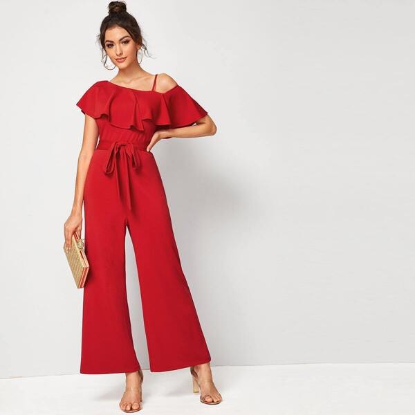

Asymmetrical Neck Flounce Trim Belted Jumpsuit